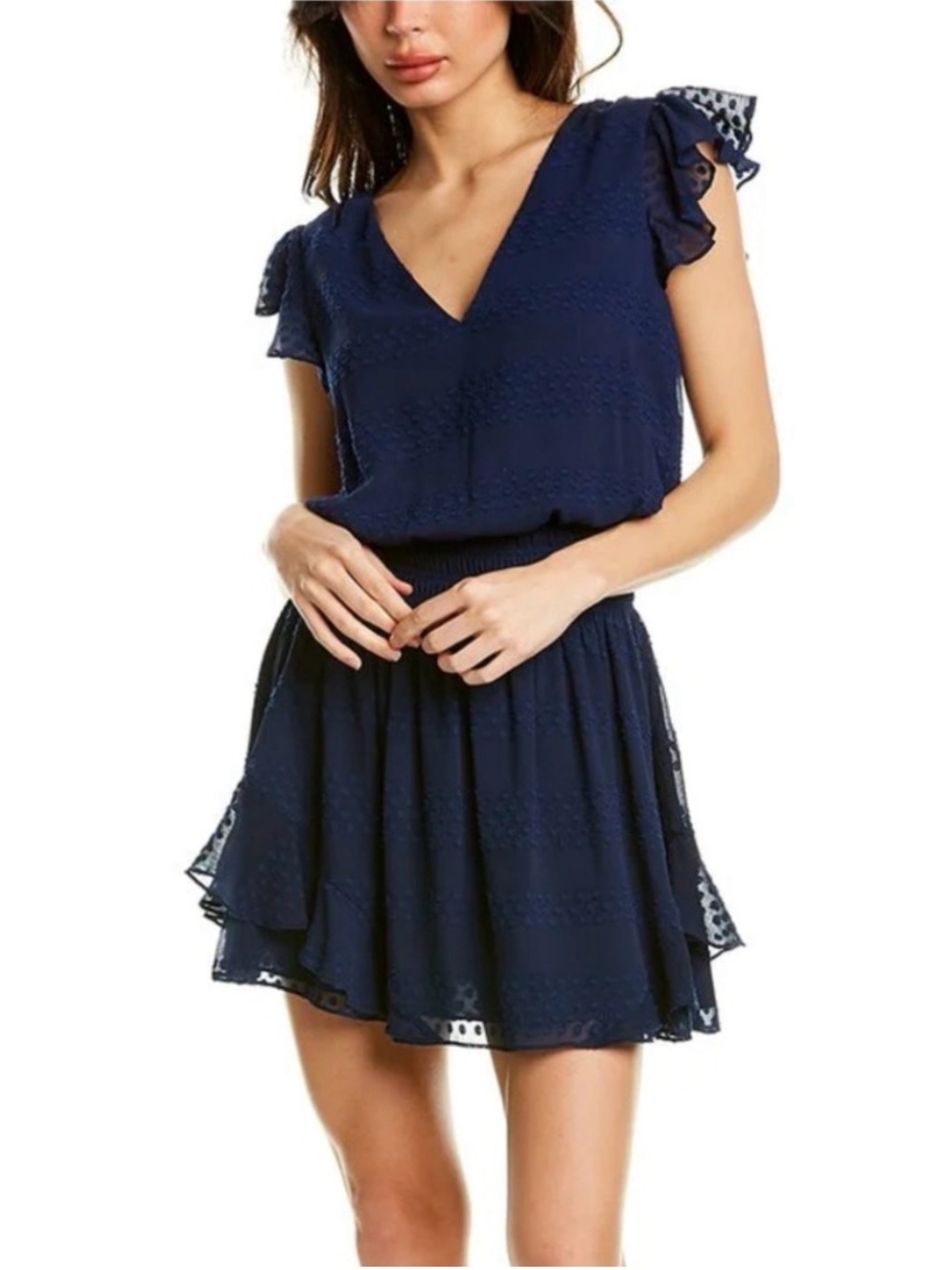 Ramy Brook Simona Swiss Dot Smocked Waist Blouson Ruffle Mini Dress Navy 
Size M